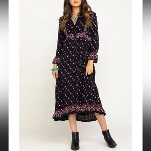 Free People Calico Skies MIDI Dress in Black Combo NWOT